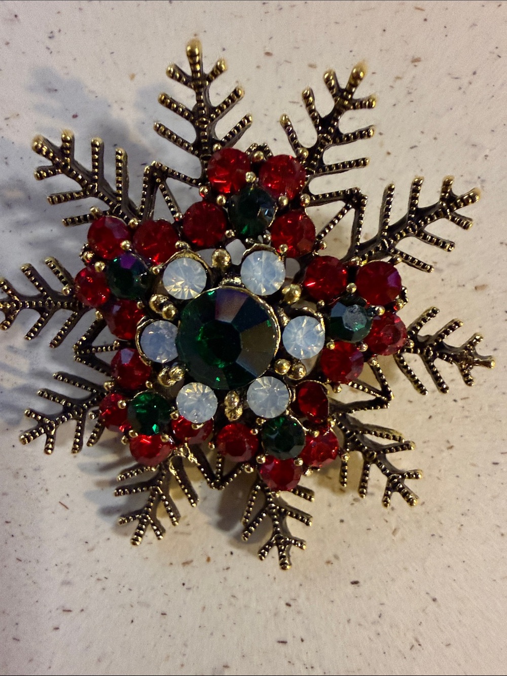 Festive Red, Green & White Snowflake Brooch - Holiday Crystal Pin